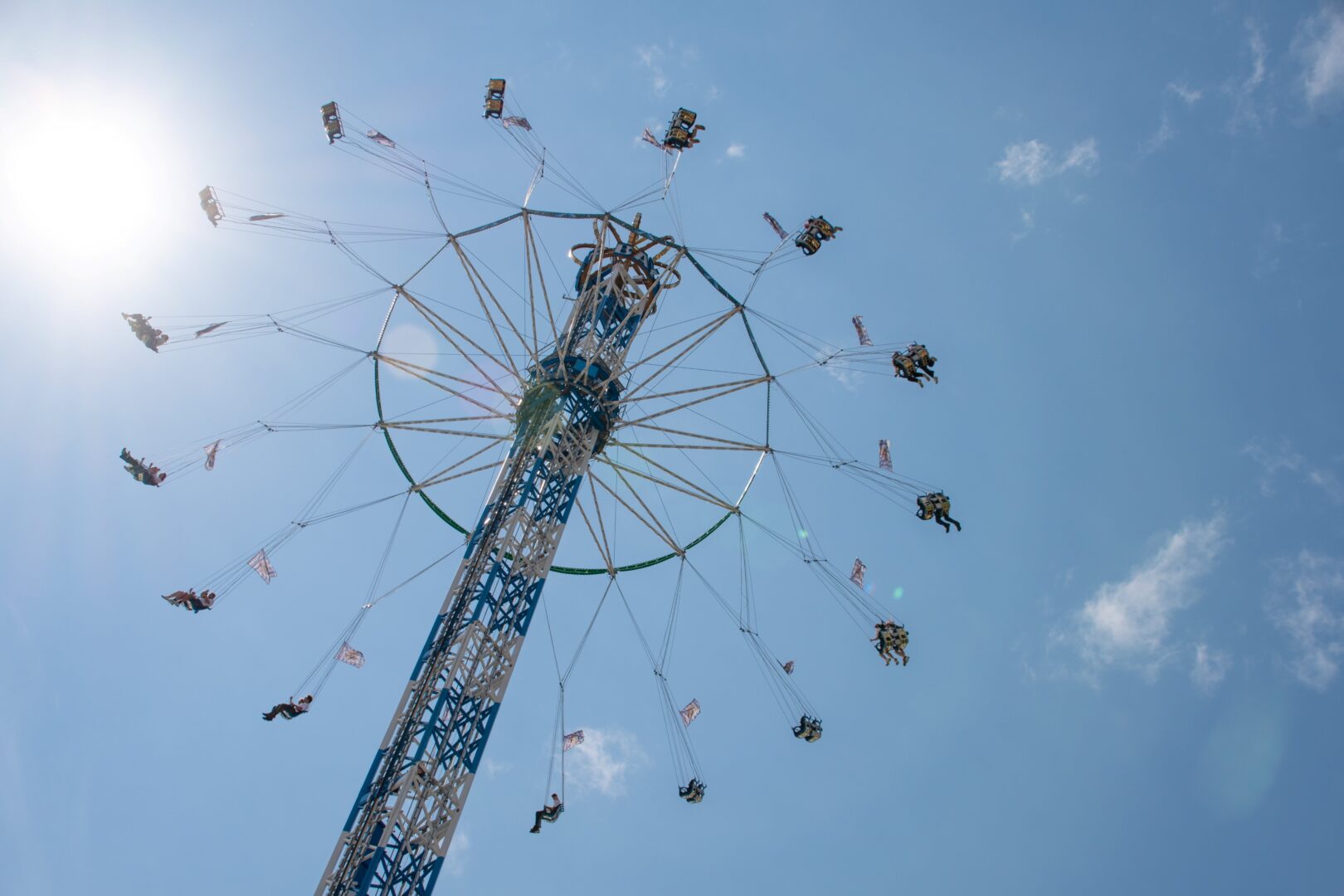 Karussell von unten gegen den blauen Himmel fotografiert.