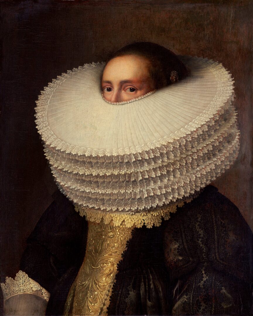 Photocollage van Mierevelt V aus der Reihe ""Hidden Portraits"". Man sieht van Mierevelt, ein altes Kunstwerk, auf dem van Mierevelt V portraitiert wurde und Volker Hermes hat mehrere Halskrausen hinzugefügt, so dass das Gesicht bis auf Nasenansatz und Augen verdeckt sind.