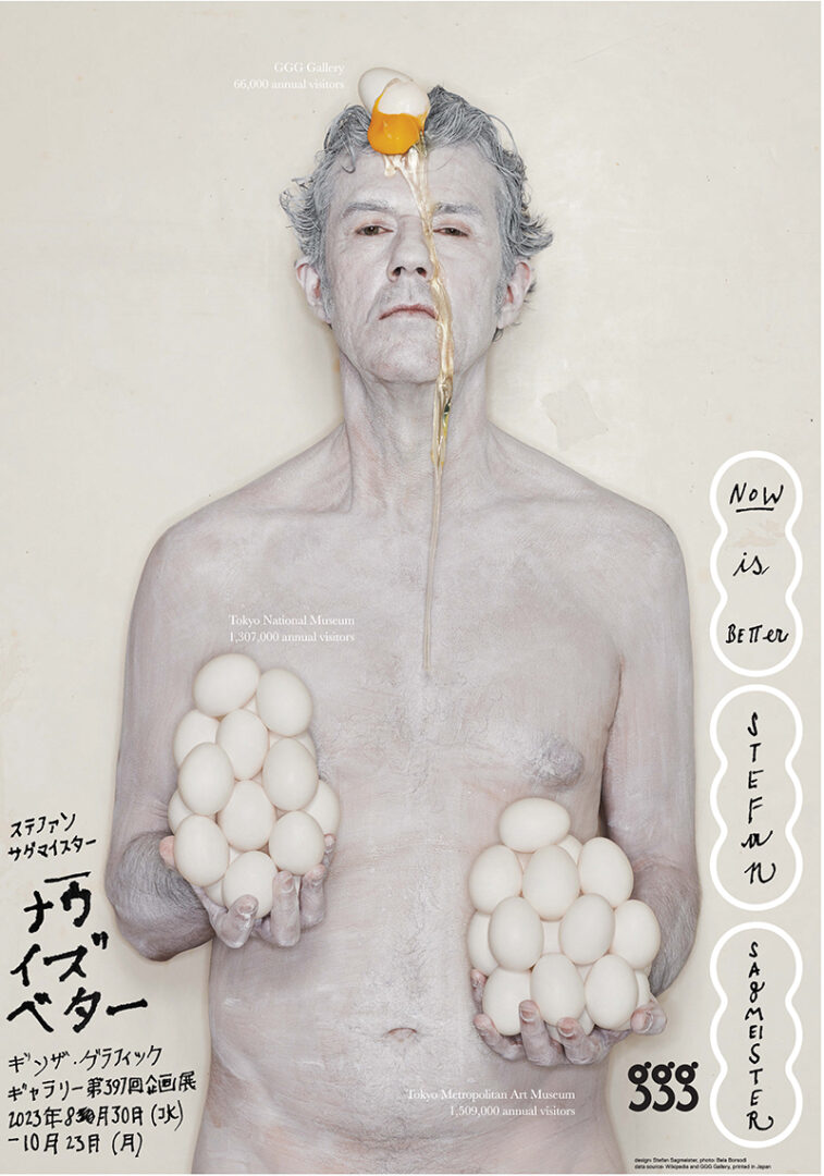 Stefan Sagmeister, nackt, vollständig weiß geschminkt vor weißem Hintergrund.