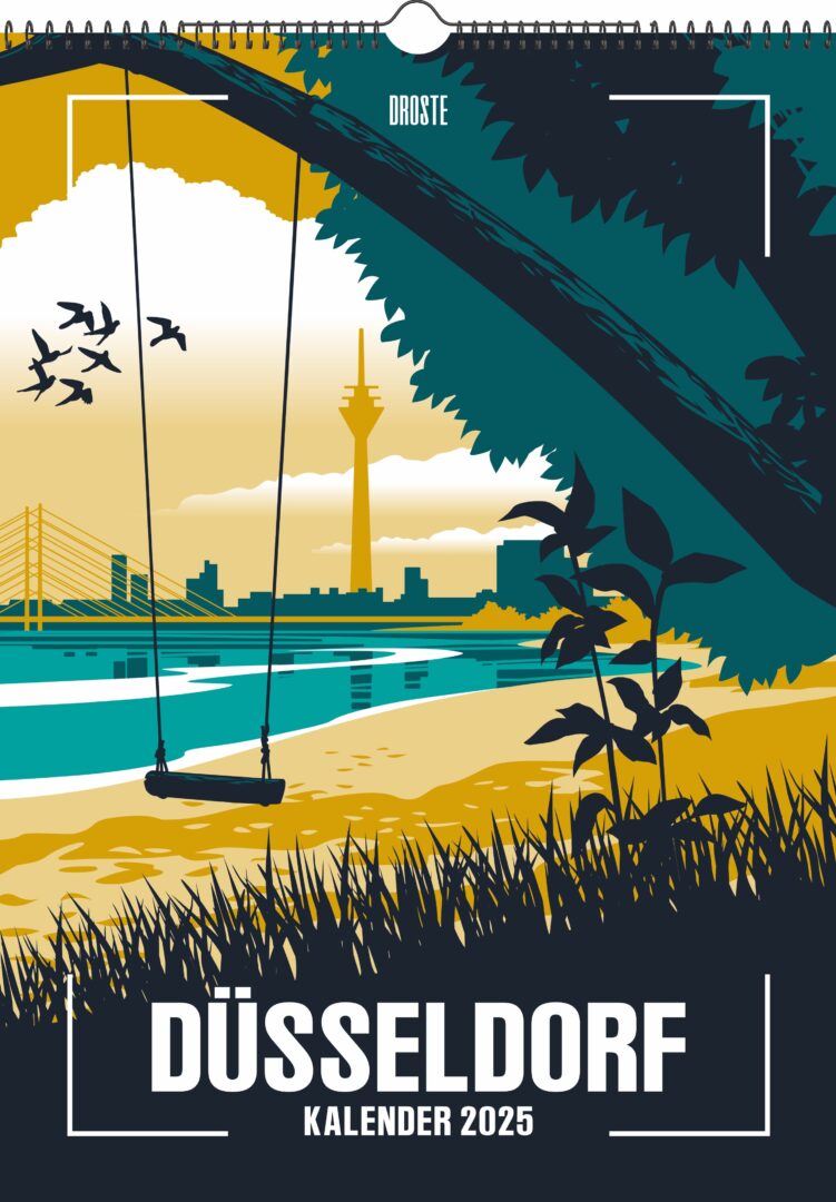 Deckblatt des Düsseldorf 2025 Kalenders. Man sieht einen Illustration vorwiegend in senfgelben und dunkelgrünen Tönen vom Paradiesstrand, am Horizont der Rhein und Rheinturm.