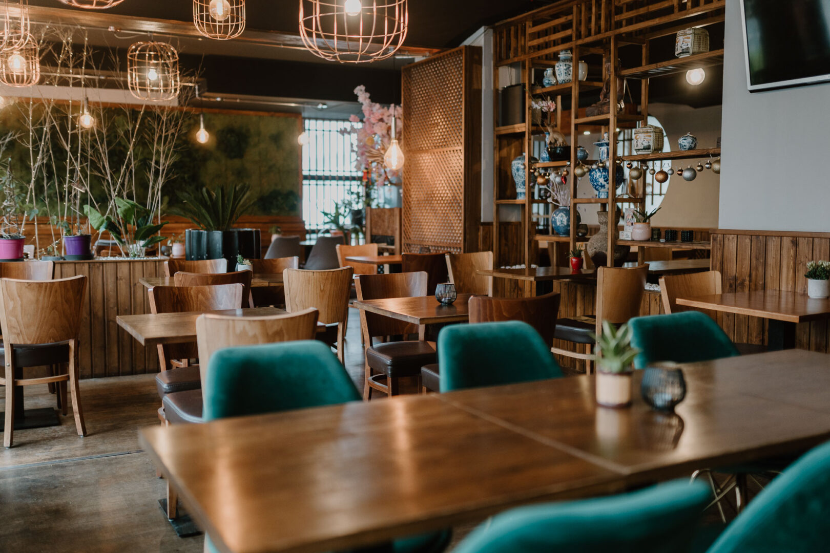 Man sieht das (noch) leere Lokal Sen Vegan Cuisine. Die Einrichtung besteht aus viel Holz, kombiniert mit warmen Grüntönen wie die Samtstühle. 