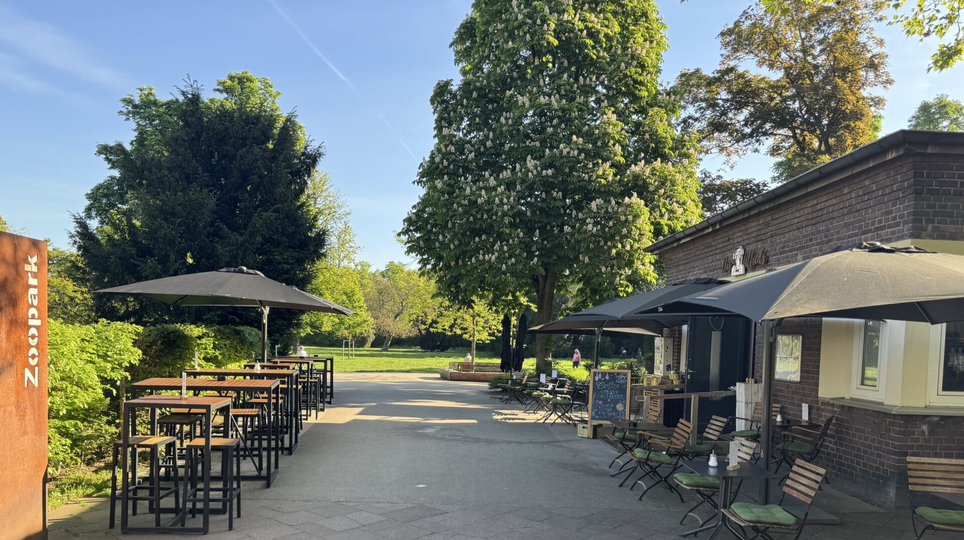 Das Alfred's im Zoopark, die Terrasse mit Blick auf eine Baumallee.