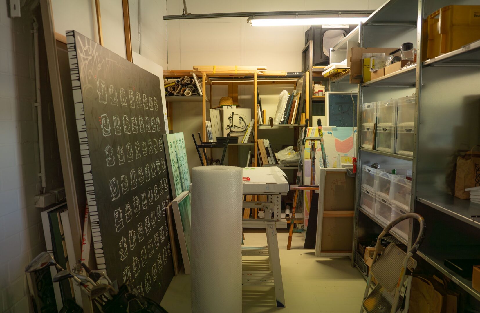 Regale und große Arbeiten im Atelier.
